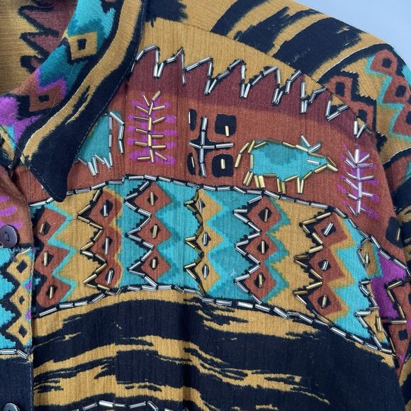 VTG Jane Ashley Gauze Top Blouse Button 3/4 Sleeves Beaded Western Aztec Artwear - Picture 10 of 15